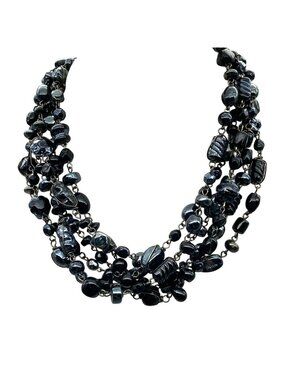 Retro Oil Slick Beads Necklace, Black Molded Glass Vitrail Multi Strand